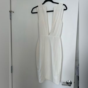 Solace London deep plunge knee length white dress